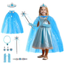 Load image into Gallery viewer, Princess Dress-Up Costume Set for Girls lncludes Cape, Crown, Wand, Necklace,Ring,Gloves, and Earrings -Perfect for Birthdays, Parties, Halloween, and Christmas Cosplay
