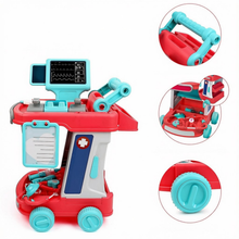 Load image into Gallery viewer, Kids Doctor’s Trolley Playset with Medical Tools &amp; Costume – Mobile Pretend Medical Station with Sound‑Effect Pacemaker – Educational Role‑Play Toy for Boys &amp; Girls Ages 3+

