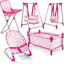 Load image into Gallery viewer, 5‑in‑1 Baby Doll Accessory Playset with Cot Bed, Bouncer, Swing Seats &amp; High Chair – Foldable Nursery Furniture Set for 10–14" Dolls – Pretend Play Toy for Kids Ages 3+
