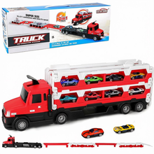 Load image into Gallery viewer, 2-in-1 Alloy Car Transport Truck Toy Set Versatile Foldable Catapult Race Track Set includes 10 Cars with Lights &amp; Music Gift for Kids
