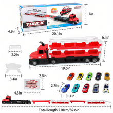 Load image into Gallery viewer, 2-in-1 Alloy Car Transport Truck Toy Set Versatile Foldable Catapult Race Track Set includes 10 Cars with Lights &amp; Music Gift for Kids
