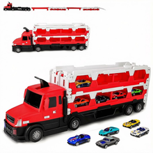 Load image into Gallery viewer, 2-in-1 Alloy Car Transport Truck Toy Set Versatile Foldable Catapult Race Track Set includes 10 Cars with Lights &amp; Music Gift for Kids
