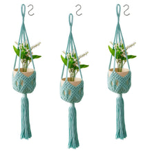 Load image into Gallery viewer, 3-Pack Macrame Hanging Plant Holders - Light Blue Boho Home Decor Set - (Artificial Flowers not included)
