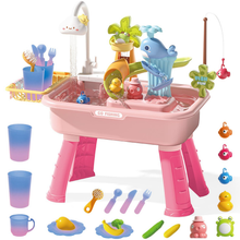 Load image into Gallery viewer, 2 in 1 Beach Table &amp; Simulation Kitchen Sink Toy Set with Water Supply Function and Color-Changing Tableware (Pink)
