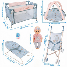 Load image into Gallery viewer, 6-in-1 Baby Doll  Playset, Baby Doll Pretend Role Playset with Dolls Cot, Dolls Pushchair, Play Mat, Swing Crib, Travel Bag, Doll Included, Pretend Role Play Accessories Gift for Kids Aged 3+
