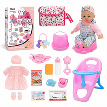 Load image into Gallery viewer, 12-inch Baby Doll Feeding Play Set with Stroller High Chair, Feeding Set, Clothes, Storage Bag, Complete Nursery Kit Pretend Play Set Gift for Kids 3+
