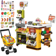 Load image into Gallery viewer, 65‑Piece Kids Cash Register &amp; Supermarket Playset with Scanner, Shopping Cart, Play Food &amp; Realistic Sound/Light Effects – Pretend Role‑Play Toy for Ages 3+
