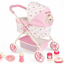 Load image into Gallery viewer, Baby Doll Stroller Set with Adjustable Canopy, Storage Basket &amp; Feeding Accessories – 9‑Piece Pretend Baby Care Pram Toy for Kids Ages 3+
