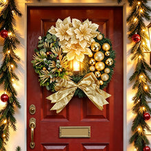 Load image into Gallery viewer, Gold Christmas Wreath with Poinsettia Flowers, Ornaments &amp; LED Lantern – 40 cm Festive Door Hanging
