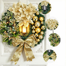 Load image into Gallery viewer, Gold Christmas Wreath with Poinsettia Flowers, Ornaments &amp; LED Lantern – 40 cm Festive Door Hanging
