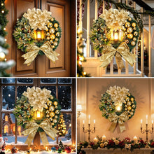 Load image into Gallery viewer, Gold Christmas Wreath with Poinsettia Flowers, Ornaments &amp; LED Lantern – 40 cm Festive Door Hanging

