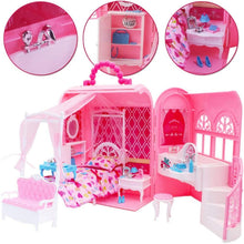 Load image into Gallery viewer, 2-in-1 Pink Portable Carry Case Handbag Dollhouse with Princess Deluxe Bedroom Furniture (Doll Not Included)Great Christmas Birthday Gift
