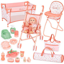 Load image into Gallery viewer, Baby Doll Stroller Playset with 12" Doll, Crib &amp; High Chair – Complete Nursery Set with Accessories &amp; Storage Bags – Pretend Baby Care Toy for Kids Ages 3+
