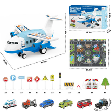 Load image into Gallery viewer, Transport Cargo Airplane Car Track Toy Set with Music Lights and Spray Includes Car Accessories and Maps Road Signs Birthday Gift for Children Age 3 4 5 6+
