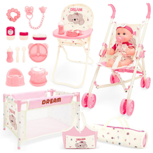 Load image into Gallery viewer, All‑in‑One Baby Doll Accessories Set with Crib, Stroller, High Chair &amp; 10+ Essentials – Fits 18" Dolls
