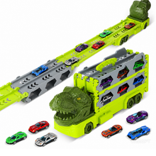 Load image into Gallery viewer, Portable Dinosaur Race Track Truck Toy Car with 6 Race Cars Carrier Transport Truck Vehicles Toys Set Gift for Kids
