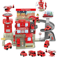 Load image into Gallery viewer, Multi‑Level Firefighter Garage Playset with Cars, Helicopter, Lights &amp; Sounds – Rescue Adventure Toy

