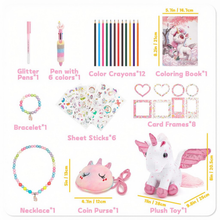 Load image into Gallery viewer, Unicorn Plush Toy Gift Set – 33‑in‑1 Creative Play Bundle with Diary, Colouring Book, Stickers &amp; Accessories – Birthday Gift for Girls Ages 3–10
