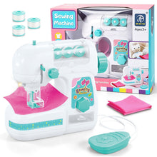 Load image into Gallery viewer, Kids Toy Sewing Machine with Foot Pedal, Thread Spools and Fabric Accessories, White and Turquoise
