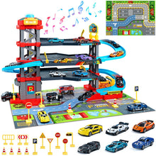 Load image into Gallery viewer, 3‑Level Parking Garage Adventure Playset with Ramps, Roads &amp; 64 Accessories – Kids Car Track Set
