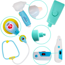 Load image into Gallery viewer, Kids Role Play Dentist Surgeon Vet Medical 30 Pcs Kit Light and Sound Electronic Stethoscope Lab Coat Cap Play Medical Equipment (Blue)
