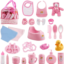 Load image into Gallery viewer, 28 Piece Baby Doll Accessories Bag Baby Feeding Accessories Clothes Doll Bear Bath Toys Soother Dummy Great Nurturing Pretend Toy for Kids
