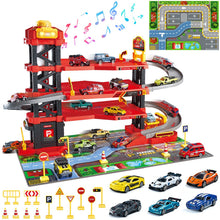Load image into Gallery viewer, 3‑Level Racing Track Garage Playset with Lights, Cars, Ramps, Lift &amp; Accessories – DIY Assembly Parking Adventure Toy for Kids Ages 3+
