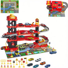 Load image into Gallery viewer, 3‑Level Racing Track Garage Playset with Lights, Cars, Ramps, Lift &amp; Accessories – DIY Assembly Parking Adventure Toy for Kids Ages 3+

