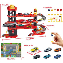 Load image into Gallery viewer, 3‑Level Racing Track Garage Playset with Lights, Cars, Ramps, Lift &amp; Accessories – DIY Assembly Parking Adventure Toy for Kids Ages 3+
