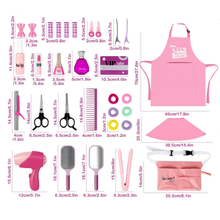 Load image into Gallery viewer, Comprehensive Hair Beauty Stylist Toy Set  32PCS Pretend Play Salon Kit for Kids 3+ includes a shawl, tool bag, hair stylist apron, hair dryer, straightener, curler, scissors, clippers, comb, mirror, hairspray, hair clips, perfume bottle, and more
