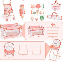 Load image into Gallery viewer, Baby Doll Stroller Playset with 12" Doll, Crib &amp; High Chair – Complete Nursery Set with Accessories &amp; Storage Bags – Pretend Baby Care Toy for Kids Ages 3+
