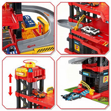 Load image into Gallery viewer, 3‑Level Racing Track Garage Playset with Lights, Cars, Ramps, Lift &amp; Accessories – DIY Assembly Parking Adventure Toy for Kids Ages 3+
