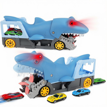 Load image into Gallery viewer, Shark Devour Transport Car Playset for kids Shark Chomp vehicle Toy with 4 Scale Car  Transport and Storage Vehicles
