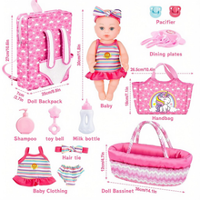 Load image into Gallery viewer, Baby Doll Bassinet Bed Backpack Playset includes a Plastic baby doll, doll bassinet, backpack, handbag, doll clothes, feeding plate, toy bell and more for 3 4 5 6+ Year Old Kids Girls
