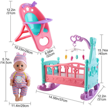 Load image into Gallery viewer, My First Baby Doll Playset with 12" Soft Doll, Rocking Crib, High Chair &amp; Feeding Accessories – Beginner’s Pretend Baby Care Toy for Kids Ages 3+
