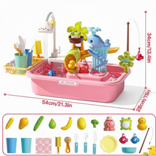 Load image into Gallery viewer, Pretend Play Kitchen Sink with Real Running Water -4-in-1 Water Play Table, Floating Pool, Fishing &amp; Duck Slide Game - Interactive Washing Up Toy for Toddlers &amp; Kids (Blue
