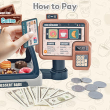 Load image into Gallery viewer, Pretend Kitchen Play Store Coffee Playset Toddlers Coffee Maker Play Set Dessert Shopping with Coffee Machine Cash Registers Toy Kids Age 3+
