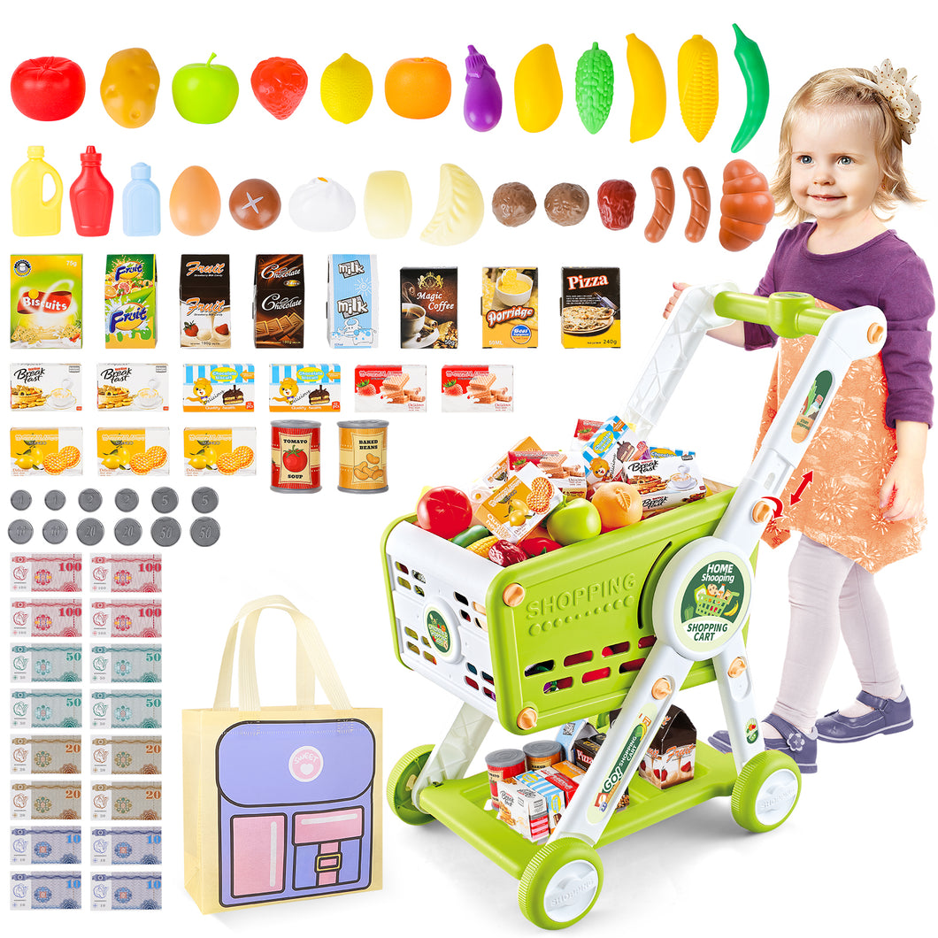 Kids Shopping Cart Trolley Play Set with Pretend Food and Accessories Grocery Shopping Cart Pretend Play and Role-Playing Games