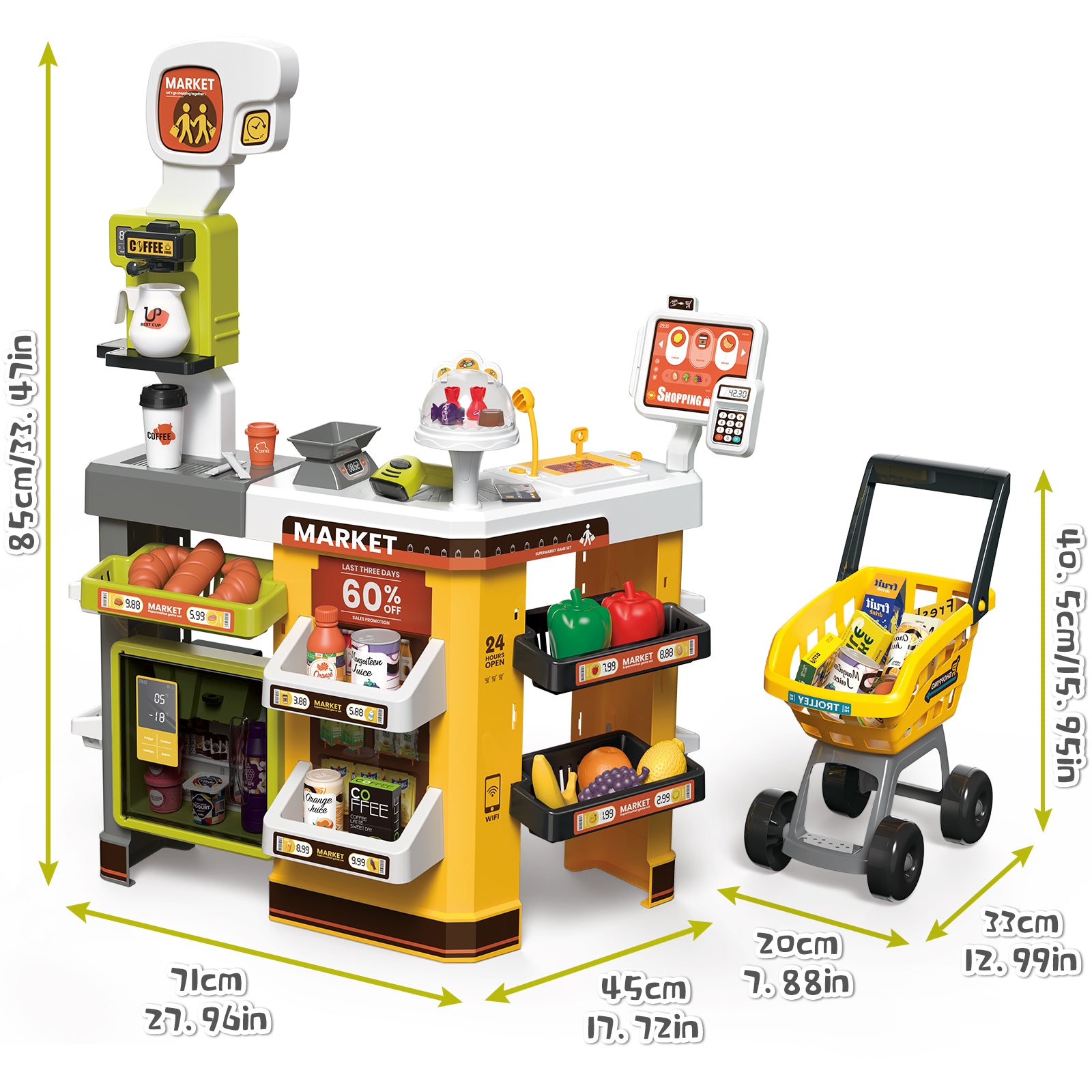 DeAO Dollhouse Playset For Kids, Pretend Play Grocery Market Kitchen