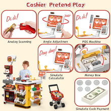 Load image into Gallery viewer, 65 PCS Grocery Store Playset Pretend Supermarket Playset for Kids w/ Shopping Cart Cash Register Play Food Accessories Christmas Birthday Gift-SPM-RO
