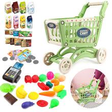 Load image into Gallery viewer, Kids Easy to Assemble Shopping Cart with Groceries, POS Machine, Plastic Money, Credit Cards and Shopping Cards

