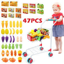 Load image into Gallery viewer, 47Pcs Metal Kids Pretend Shopping Trolleys Role Play Kitchen Toys Set w/Play Food Fruits Shopping Basket Birthday Christmas Gift for Kids-SPMT-S
