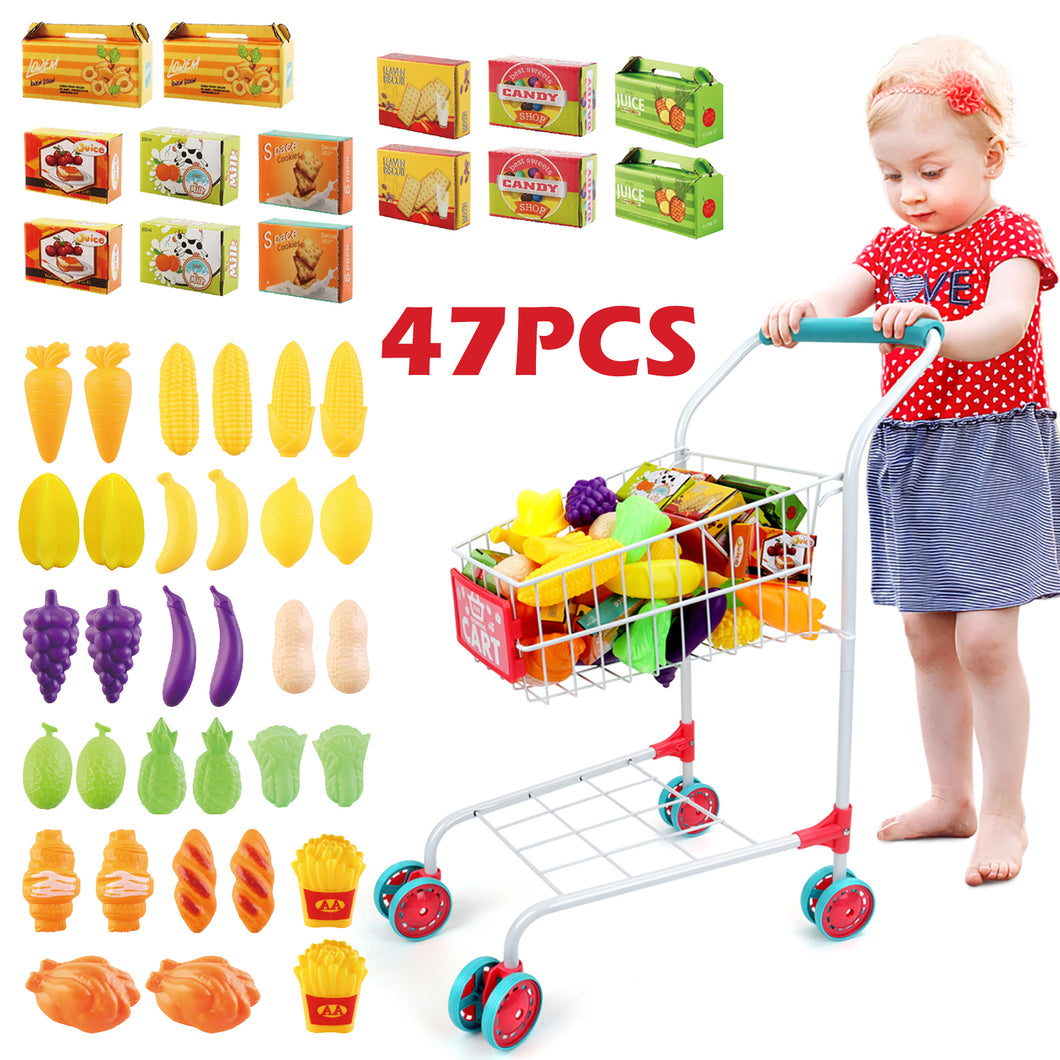 47Pcs Metal Kids Pretend Shopping Trolleys Role Play Kitchen Toys Set w/Play Food Fruits Shopping Basket Birthday Christmas Gift for Kids-SPMT-S