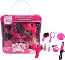 Load image into Gallery viewer, Hairdressing and Vanity Handbag Beauty Set Girls Styling Pretend Makeup and Hair Accessories Playset Including Hairdryer Toy and Curlers
