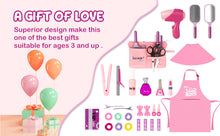 Load image into Gallery viewer, Comprehensive Hair Beauty Stylist Toy Set  32PCS Pretend Play Salon Kit for Kids 3+ includes a shawl, tool bag, hair stylist apron, hair dryer, straightener, curler, scissors, clippers, comb, mirror, hairspray, hair clips, perfume bottle, and more
