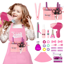 Load image into Gallery viewer, Comprehensive Hair Beauty Stylist Toy Set  32PCS Pretend Play Salon Kit for Kids 3+ includes a shawl, tool bag, hair stylist apron, hair dryer, straightener, curler, scissors, clippers, comb, mirror, hairspray, hair clips, perfume bottle, and more
