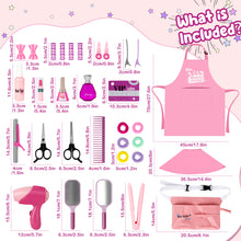 Load image into Gallery viewer, Comprehensive Hair Beauty Stylist Toy Set  32PCS Pretend Play Salon Kit for Kids 3+ includes a shawl, tool bag, hair stylist apron, hair dryer, straightener, curler, scissors, clippers, comb, mirror, hairspray, hair clips, perfume bottle, and more
