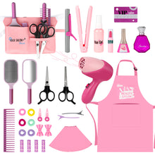 Load image into Gallery viewer, Comprehensive Hair Beauty Stylist Toy Set  32PCS Pretend Play Salon Kit for Kids 3+ includes a shawl, tool bag, hair stylist apron, hair dryer, straightener, curler, scissors, clippers, comb, mirror, hairspray, hair clips, perfume bottle, and more
