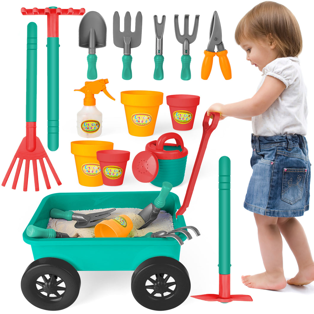 Pull along Wheelbarrow and Gardening Tools Play Set with Plant Pots Outdoors Toy for Kids with Plant Pots