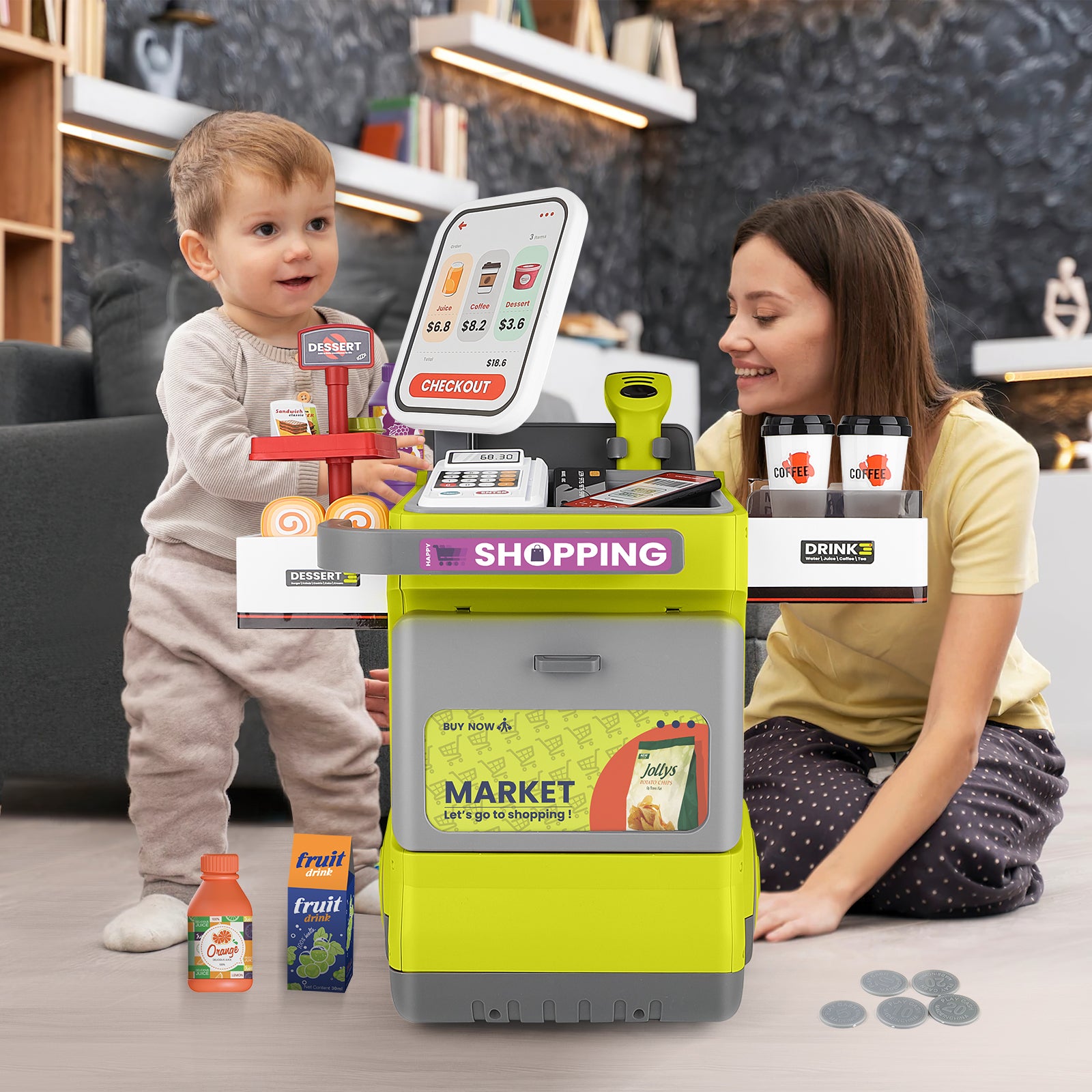 47PCS Grocery Store Cash Register Playset Supermarket Game Toy Play Food